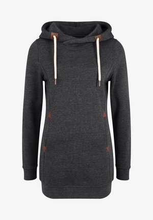 Tamno sivi dukserica s kapuljačom i mekanom teksturom, s laganim kremastim vezicama i smešnim kožnim detaljima na izrezu i stranama.