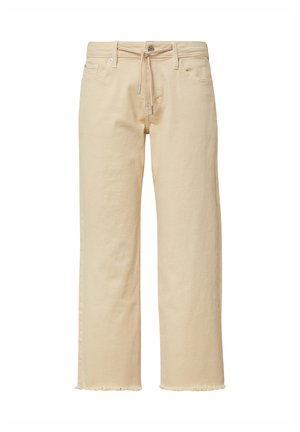 Beige weit geschnittene Hose aus weichem Baumwollstoff, mit einem Kordelzugbund, zwei vorderen Taschen und fransigen Säumen für einen entspannten Look.