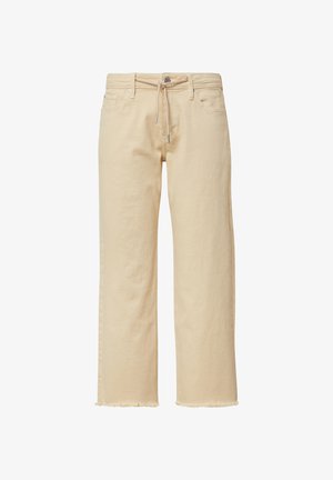 Beige weit geschnittene Hose aus weichem Baumwollstoff, mit einem Kordelzugbund, zwei vorderen Taschen und fransigen Säumen für einen entspannten Look.