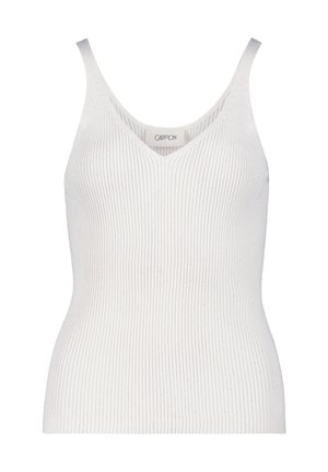 Witte geribbelde tanktop met een V-hals, dunne schouderbanden en een aansluitend ontwerp. Bevat een subtiele glans in de stof voor textuur.