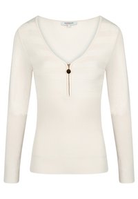 Kremowy sweter damski z długim rękawem, dekoltem w serek, żeberkowanym dolnym pasem, poziomymi paskami na górnej części oraz krótkim suwakiem z okrągłym uchwytem.