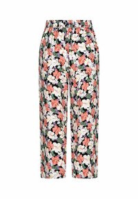 Pantalons large avec une taille élastique présentant un motif floral dense en corail, blanc, violet et vert sur un fond noir.