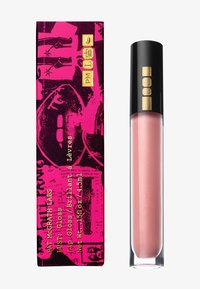 Lippenbalsam in durchsichtiger Tube mit einem pinkfarbenen, schimmernden Finish. Die Verpackung zeigt lebendige pinke Grafiken und goldene Schrift auf schwarzem Hintergrund.