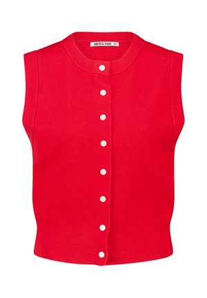 Rote ärmellose Strickweste mit rundem Halsausschnitt und einer fünfknöpfigen Frontschließe, ausgestattet mit einem gerippten Saum und einer durchgehend glatten Textur.