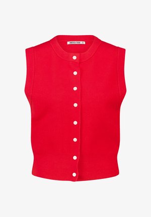 Rote ärmellose Strickweste mit rundem Halsausschnitt und einer fünfknöpfigen Frontschließe, ausgestattet mit einem gerippten Saum und einer durchgehend glatten Textur.