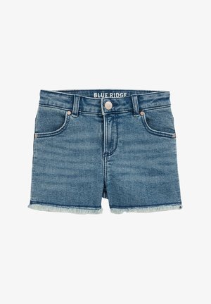 Denim kratke hlače v srednji modri pranju z neobdelanim robom. Imajo dva sprednja žepa in gumbno zapiranje z embosiranim logotipom na pasu.