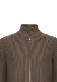 Maglione marrone lavorato a maglia con cerniera e collo alto, caratterizzato da una trama a coste e una cerniera metallica. Design semplice, adatto per essere indossato a strati.