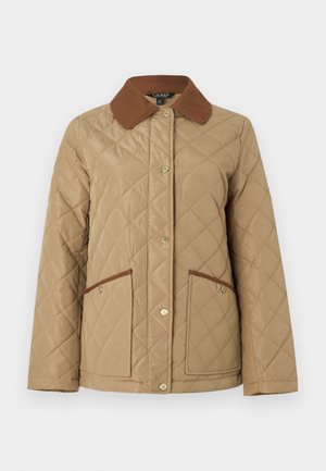 Pieskovohnedá prešívaná bunda s hnedým kordovým golierom, zapínaním na cvoky a dvoma bočnými vreckami s hnedými detailmi. Hladká textúra, ležérny strih.