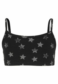Bralette negro con tirantes finos, con un patrón de estrellas grises de varios tamaños, hecho de una tela suave y elástica.