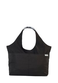 Sac fourre-tout noir en tissu avec un design hobo large, une sangle d'épaule allongée et une étiquette de logo discrète. Présente une texture lisse et une couleur unie.