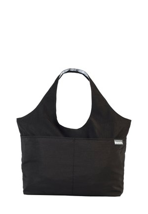 Sac fourre-tout noir en tissu avec un design hobo large, une sangle d'épaule allongée et une étiquette de logo discrète. Présente une texture lisse et une couleur unie.