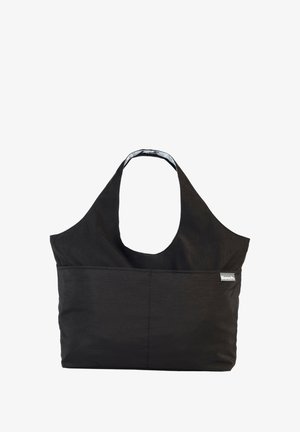 Zwarte stoffen tote bag met een brede hobo-ontwerp, een verlengd schouderband en een subtiele logo-tag. Kenmerkt zich door een gladde textuur en een effen kleur.