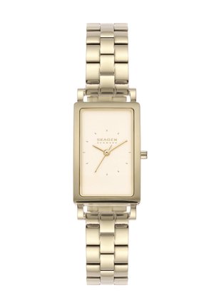 Reloj de pulsera rectangular dorado con correa metálica enlazada, esfera minimalista con marcadores de hora y manecillas doradas, nombre de la marca Skagen Denmark visible.