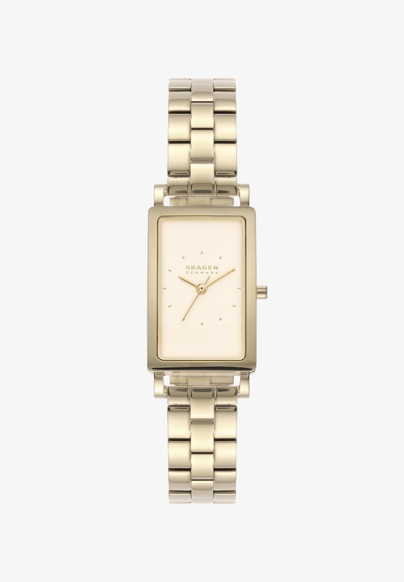 Gold rectangular wristwatch with linked metal band, minimal dial with gold hour markers and hands, brand name Skagen Denmark visible.
