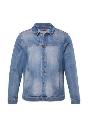 Giacca in denim blu con chiusura frontale a bottoni, colletto, maniche lunghe e delicato effetto sbiadito su petto e pannelli frontali.