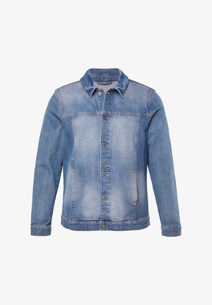 Blå denimjakke med knaplukning foran, krave, lange ærmer og subtilt falmet vask på brystet og frontpanelerne.