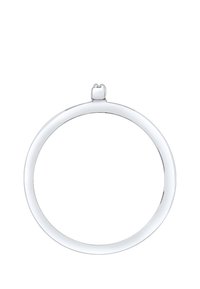 Runder Silberanhänger mit glatter, glänzender Oberfläche. Verfügt über eine Schlaufe an der Oberseite zur Befestigung, hat eine einheitliche kreisförmige Form und ein minimalistisches Design.