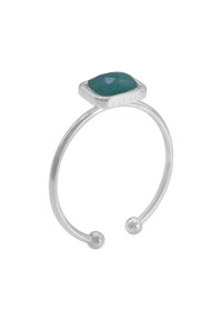 Bracciale aperto in argento con un gemma quadrata di turchese lucido dai bordi smussati e due piccoli accenti sferici a ciascun estremo.