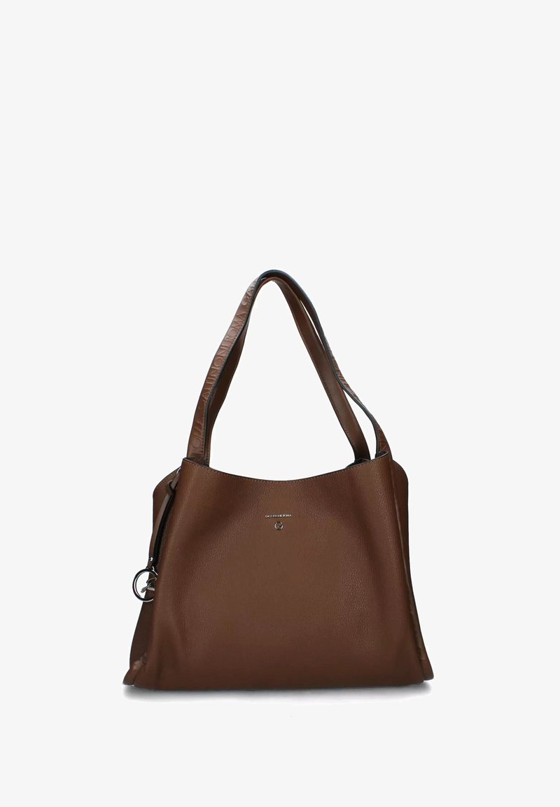 Borsa tote in pelle marrone con due manici lunghi, texture liscia e un piccolo dettaglio del logo sulla parte anteriore. Forma arrotondata e design a apertura superiore.