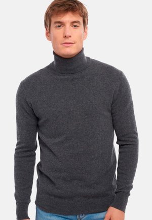 Pull à col roulé gris en maille douce, avec des manches longues et des bordures côtelées aux poignets et à l'ourlet. Design simple et sans couture.