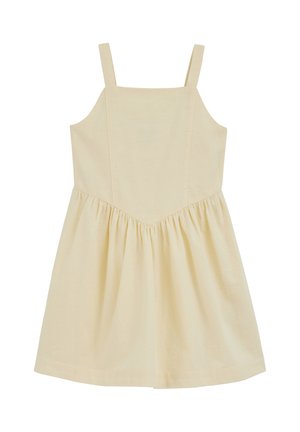 Robe sans manches de couleur crème avec encolure carrée, taille froncée et jupe évasée.