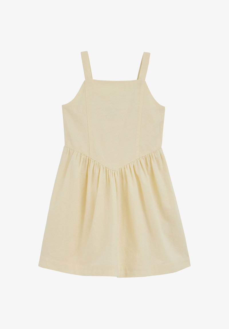 Robe sans manches de couleur crème avec encolure carrée, taille froncée et jupe évasée.