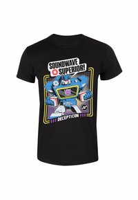 Černé tričko s grafikou modrého robota a textem "SOUNDWAVE SUPERIOR!" a "DECEPTICON" níže v žlutých a fialových akcentových barvách.