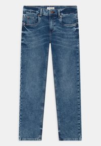 Denim jeans in a medium blue wash with a slim fit, five-pocket design, copper-tone hardware, and subtle fading along the thighs.
