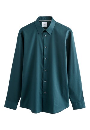 Mørk teal langærmet skjorte med knapper, krave og manchetter, ensfarvet design, seks knapper foran.