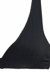 Zwarte geribbelde driehoek bikini top met gestructureerde stof en een ontwerp met dunne bandjes, ideaal voor strandkleding of gebruik bij het zwemmen.