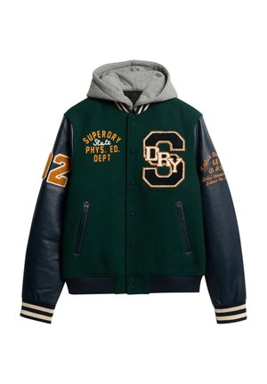 Varsity jacket with dark green wool body, navy leather sleeves, grey hood, and cream-striped cuffs. Features patches and embroidery details.