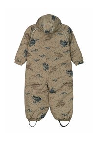 Overal met zandkleurig patroon, voorzien van blauwe dieren- en bergillustraties, elastische manchetten, een capuchon en lussen om de laarzen stevig vast te zetten.