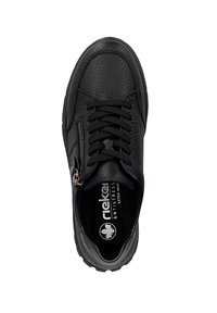 Schwarze Leder-Sneaker mit strukturierten Oberflächen, Schnürdesign, seitlichem Reißverschluss und Gummisohle. Mit "Antistress"-Markierung im Inneren.