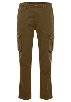 Pantalones cargo en verde oliva, hechos de una tela resistente, con dos bolsillos laterales y un diseño de pierna recta con cierre de botón en la cintura.