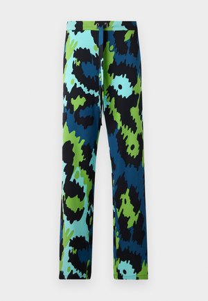 Multicolored pants featuring a bold abstract pattern in black, blue, and green. Made of smooth fabric with a drawstring waist.