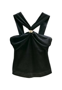 Sort fløjlstop med brede, snoede stropper og en central guldringdetalje. Den har et indsamlet design ved barmen og en tætsiddende silhuet.