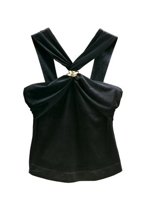 Top din catifea neagră cu bretele late, răsucite și un detaliu central cu inel auriu. Are un design plisat la bust și o siluetă ajustată.