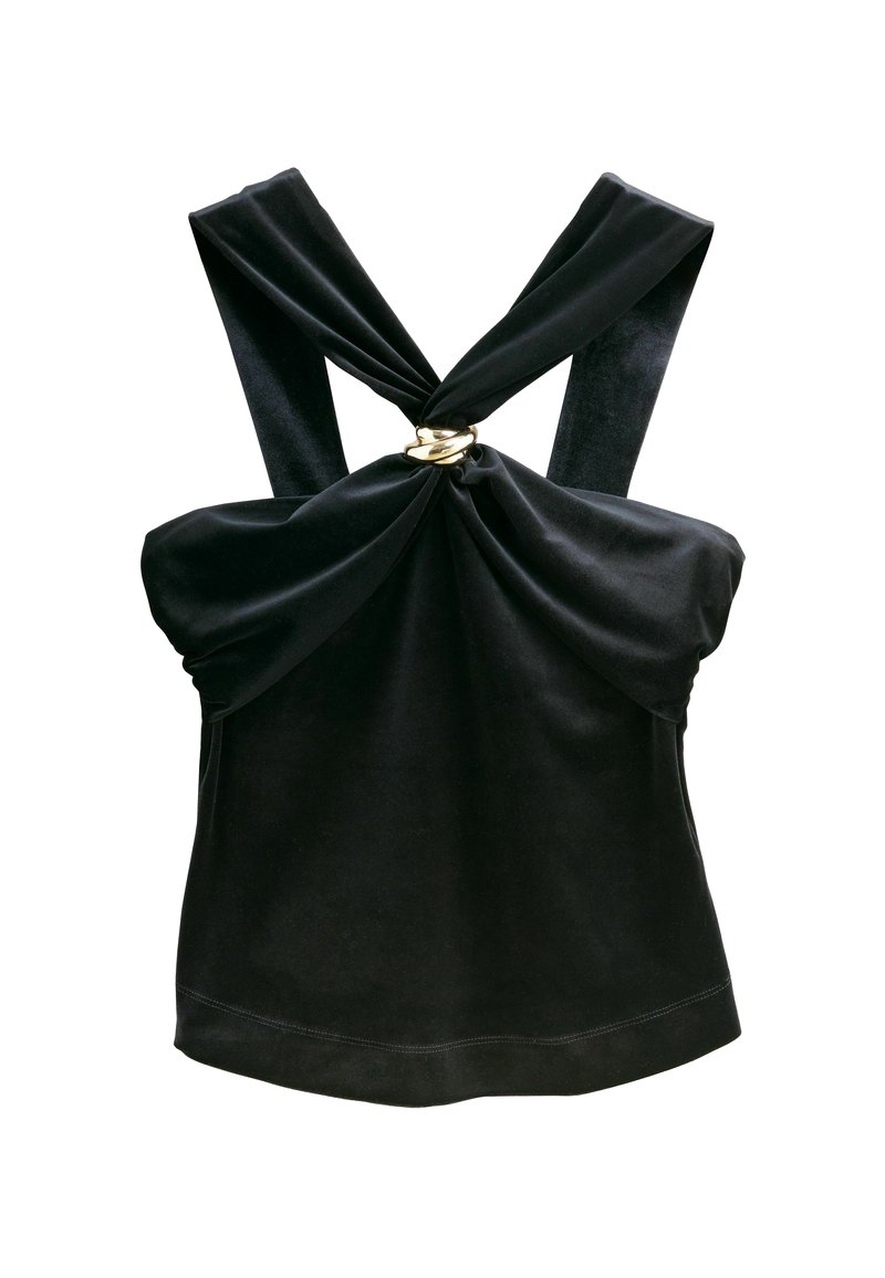 Sort fløjlstop med brede, snoede stropper og en central guldringdetalje. Den har et indsamlet design ved barmen og en tætsiddende silhuet.