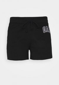 Pantaloni corti neri realizzati in tessuto misto cotone, dotati di una cintura con cordino e del logo "GAP" ricamato in bianco sulla gamba sinistra.