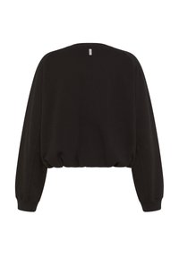 Černá zkrácená mikina s dlouhými rukávy, žebrovanými manžetami a nařaseným spodním lemem. Má jednoduchý, jednobarevný design. Měkká textura.