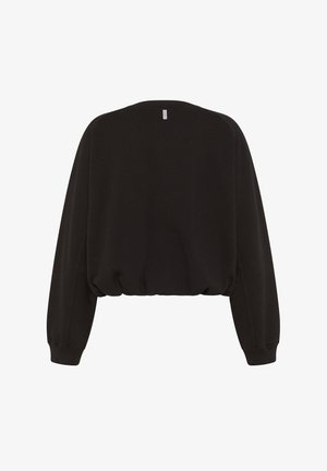 Schwarzer, kurzer Sweatshirt mit langen Ärmeln, gerippten Bündchen und einem gerafften Saum. Hat ein einfaches, einfarbiges Design. Haptik ist weich.