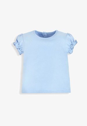 Light blue short-sleeve toddler shirt with gathered ruffle sleeves and round neckline, back button closure.