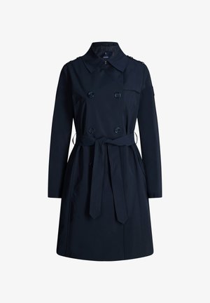 Marineblauwe trenchcoat met dubbele knopenrij, een riem en schouderepauletten; gemaakt van glad, lichtgewicht stof met een getailleerd ontwerp.