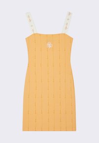 Robe sans manches jaune avec des motifs de couture verticaux et des bretelles imprimées blanches. Elle arbore un petit logo à l'avant, fabriquée en matériau extensible.