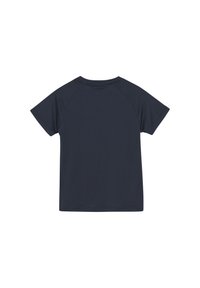 Mørkeblå t-shirt lavet af et blødt, glat stof. Korte raglanærmer og en klassisk rund halsudskæring. Ingen synlige mønstre eller detaljer.