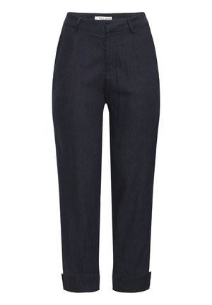 Tamsiai mėlynos trumpintos kelnės su lygiu paviršiumi, turinčios lygų priekinį paviršių, šonines kišenes ir suvyniotus rankogalius patogiam prigludimui.