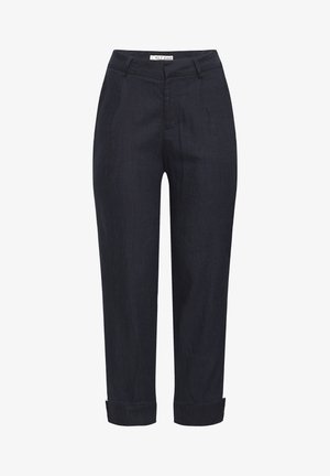 Tumedat sinist värvi lühikesed püksid ühtlase tekstuuriga, millel on lame eesmine osa, küljetaskud ja ülesrullitud ääred mugava istuvuse tagamiseks.