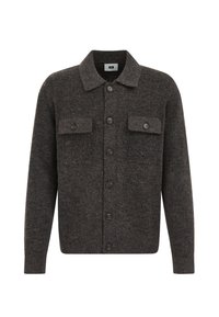 Mörkgrå knäppbar cardigan i mjuk ull, med krage, två bröstfickor och långa ärmar med ribbad textur.