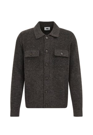 Tumši pelēks pogājams kardigans, izgatavots no mīkstas vilnas, ar apkakles dekoltē, divām krūšu kabatām un gariem piedurknēm ar ribota struktūra.