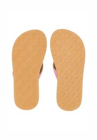 Flip-flops med rosa mönstrade remmar och tanfärgade gummisulor med ett strukturerat greppmönster.